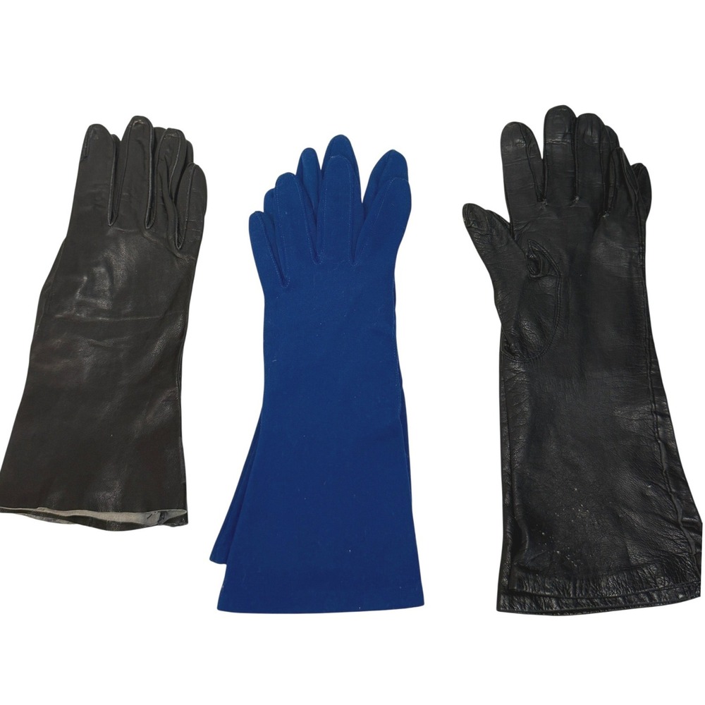 Vintage Lot Women Gloves Black Leather Blue Fabric Driving Formal Size 7 1/4